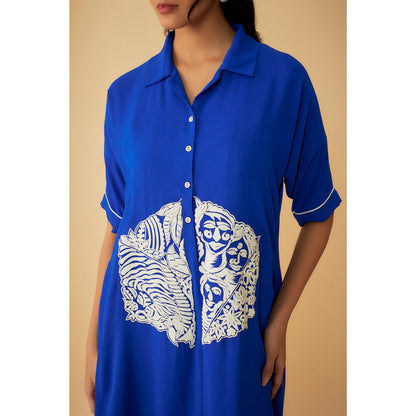 1999AD Royal Blue Georgette White Applique Embroidery Dress with Inner (Set of 2)