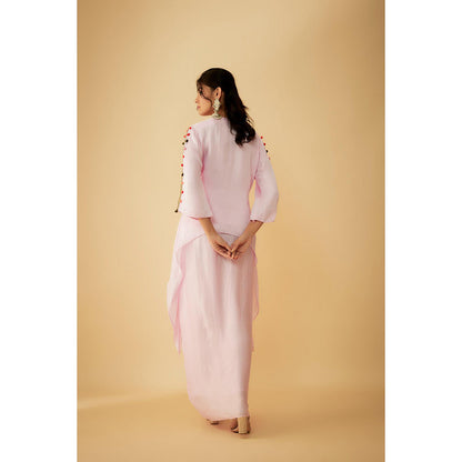 1999AD Onion Pink Organza Short Thread Embroidery Kurta With Drape Skirt (Set of 2)