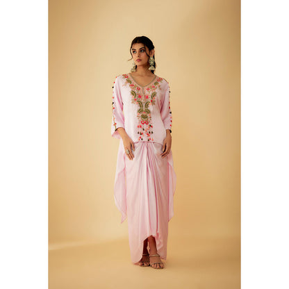 1999AD Onion Pink Organza Short Thread Embroidery Kurta With Drape Skirt (Set of 2)