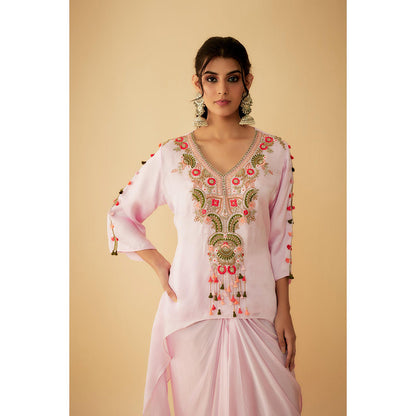 1999AD Onion Pink Organza Short Thread Embroidery Kurta With Drape Skirt (Set of 2)