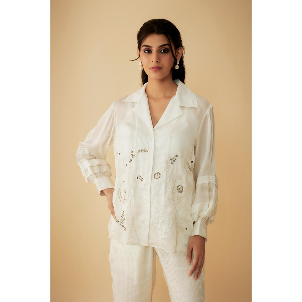 1999AD White Organza Applique Kat dana Work Shirt with Inner (Set of 2)