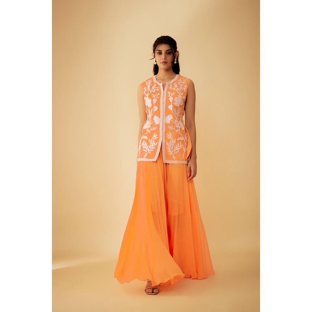 1999AD Orange Organza White Applique Kat dana Work Kurti with Sharara (Set of 2)