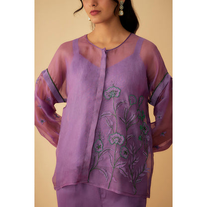 1999AD Lavender Organza Applique Green Kat dana Embroidery Co-Ord (Set of 3)