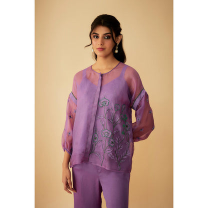 1999AD Lavender Organza Applique Green Kat dana Embroidery Co-Ord (Set of 3)