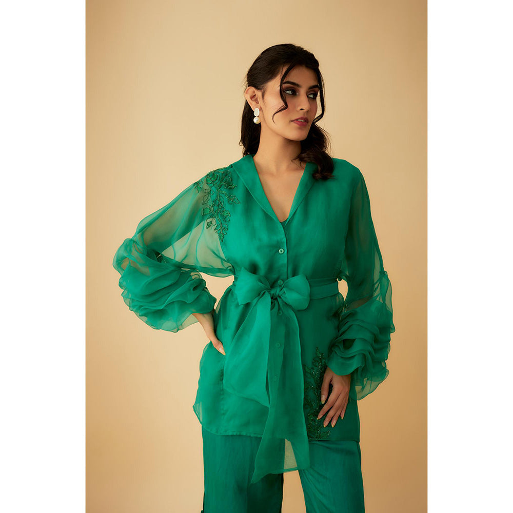 1999AD Green Organza Embroidery Teemed Co-Ord (Set of 4)