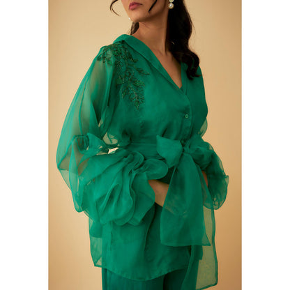 1999AD Green Organza Embroidery Teemed Co-Ord (Set of 4)