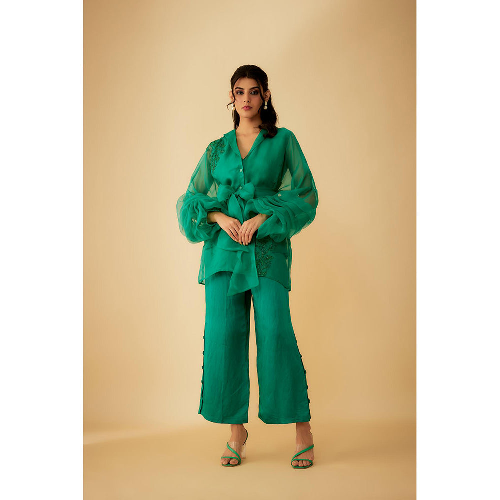 1999AD Green Organza Embroidery Teemed Co-Ord (Set of 4)