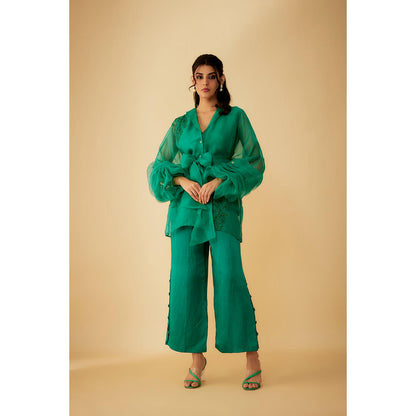 1999AD Green Organza Embroidery Teemed Co-Ord (Set of 4)