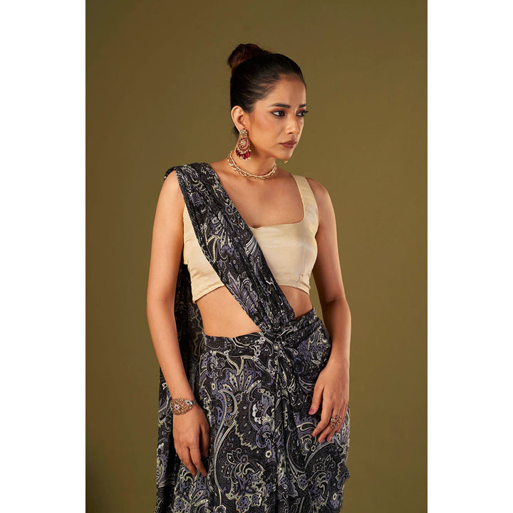 AFFROZ Black Paisley Printed Pre Draped Saree with Stitched Blouse