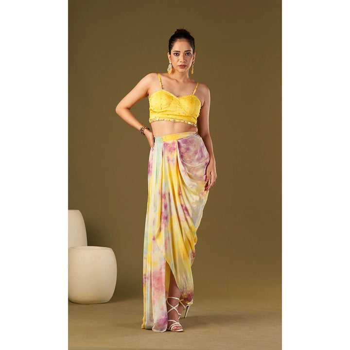 AFFROZ Yellow Tie & Dyed Drape Skirt with Bustier (Set of 2)