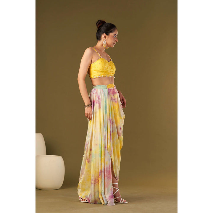 AFFROZ Yellow Tie & Dyed Drape Skirt with Bustier (Set of 2)