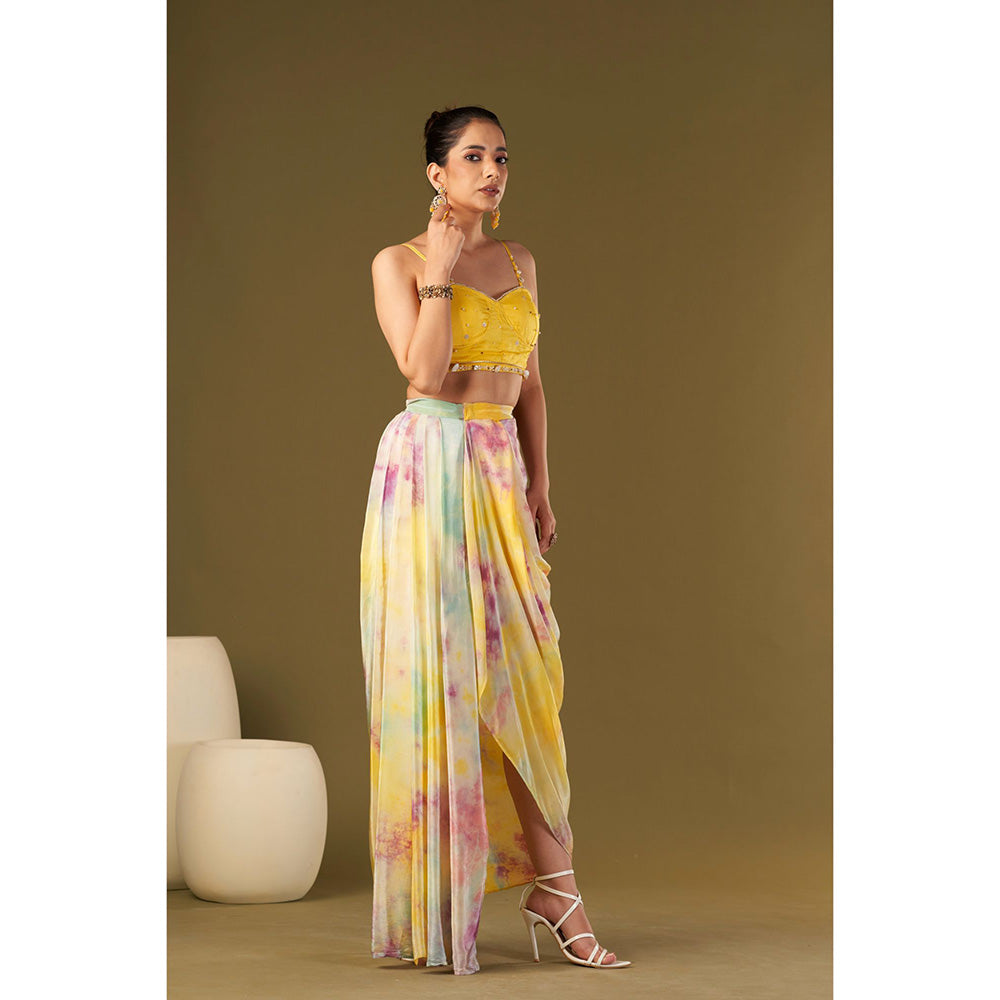 AFFROZ Yellow Tie & Dyed Drape Skirt with Bustier (Set of 2)