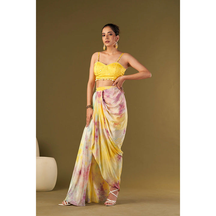 AFFROZ Yellow Tie & Dyed Drape Skirt with Bustier (Set of 2)