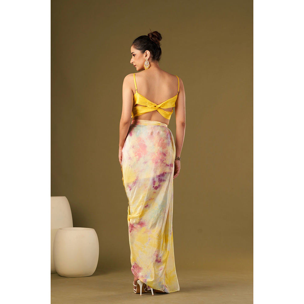 AFFROZ Yellow Tie & Dyed Drape Skirt with Bustier (Set of 2)