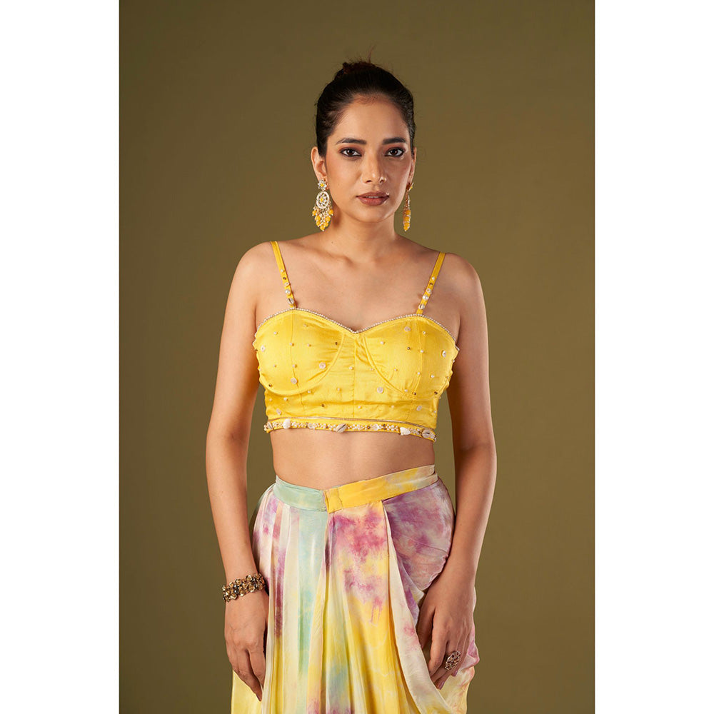 AFFROZ Yellow Tie & Dyed Drape Skirt with Bustier (Set of 2)