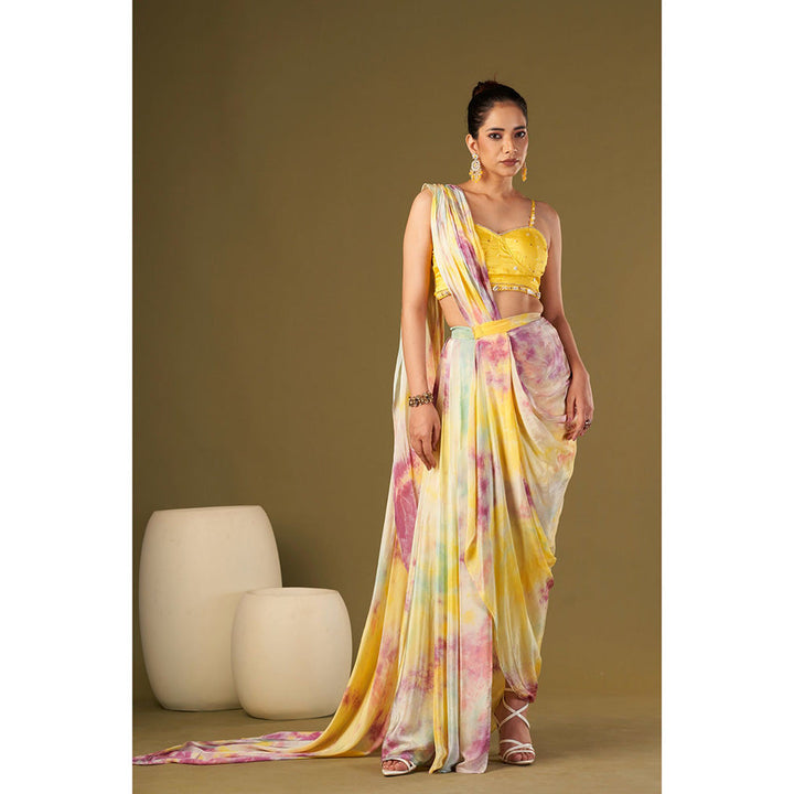 AFFROZ Yellow Tie & Dyed Drape Saree with Bustier with Stitched