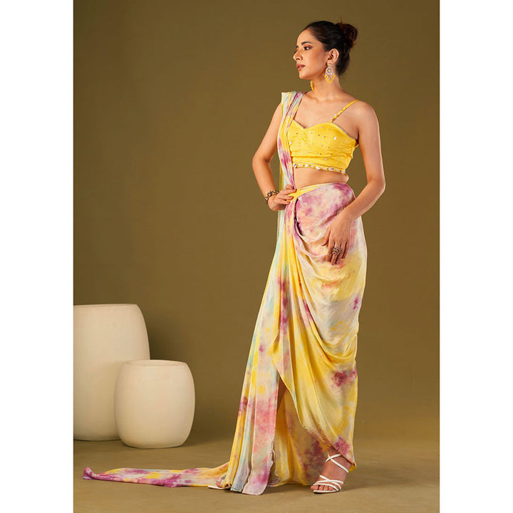 AFFROZ Yellow Tie & Dyed Drape Saree with Bustier with Stitched