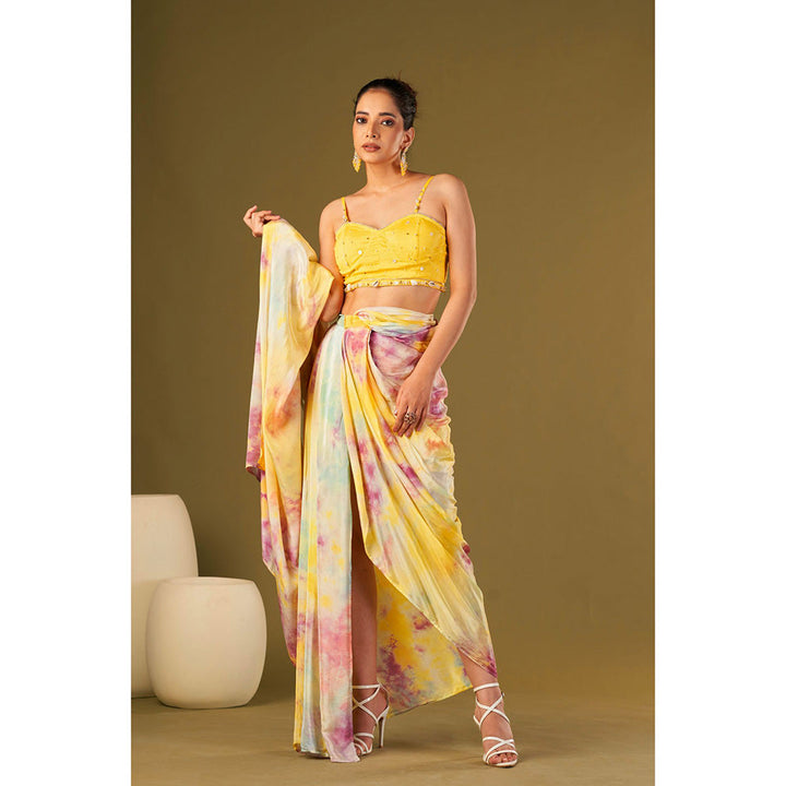 AFFROZ Yellow Tie & Dyed Drape Saree with Bustier with Stitched