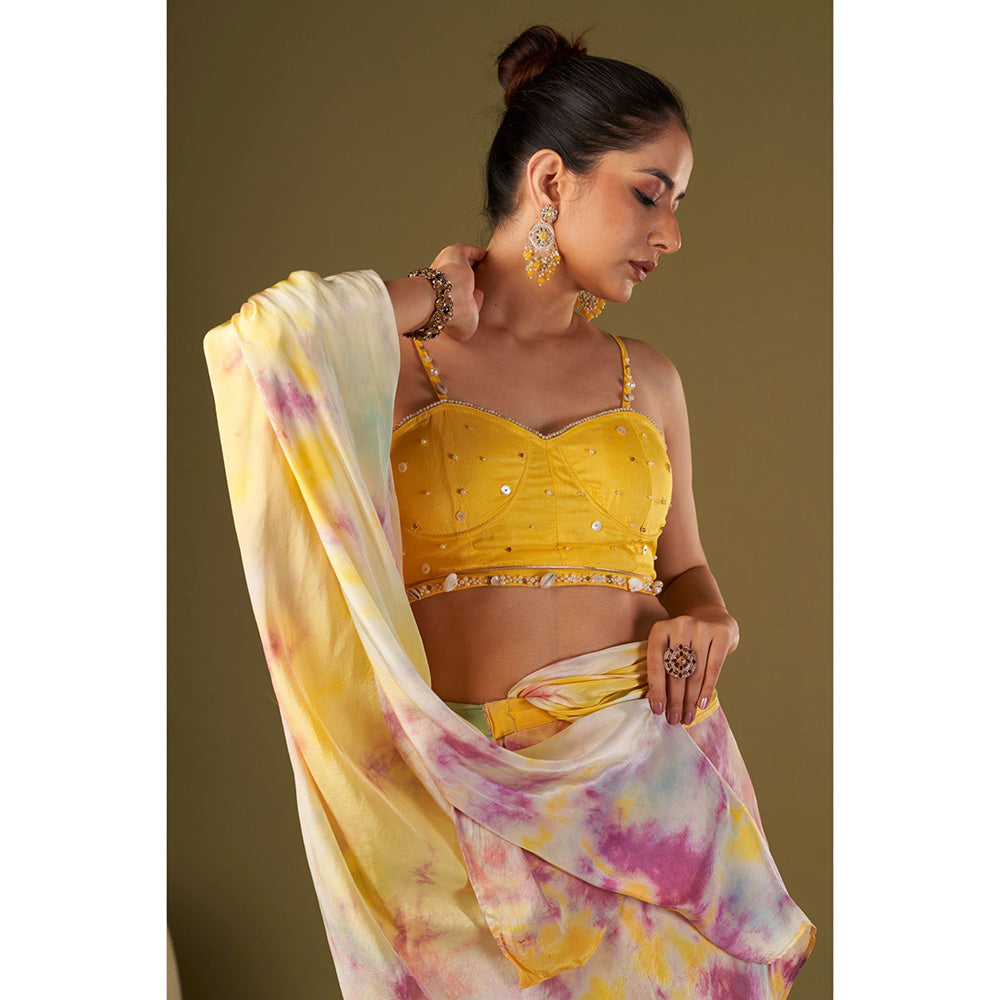 AFFROZ Yellow Tie & Dyed Drape Saree with Bustier with Stitched