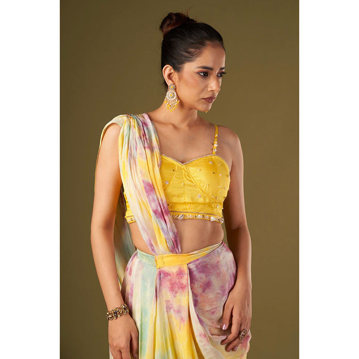 AFFROZ Yellow Tie & Dyed Drape Saree with Bustier with Stitched