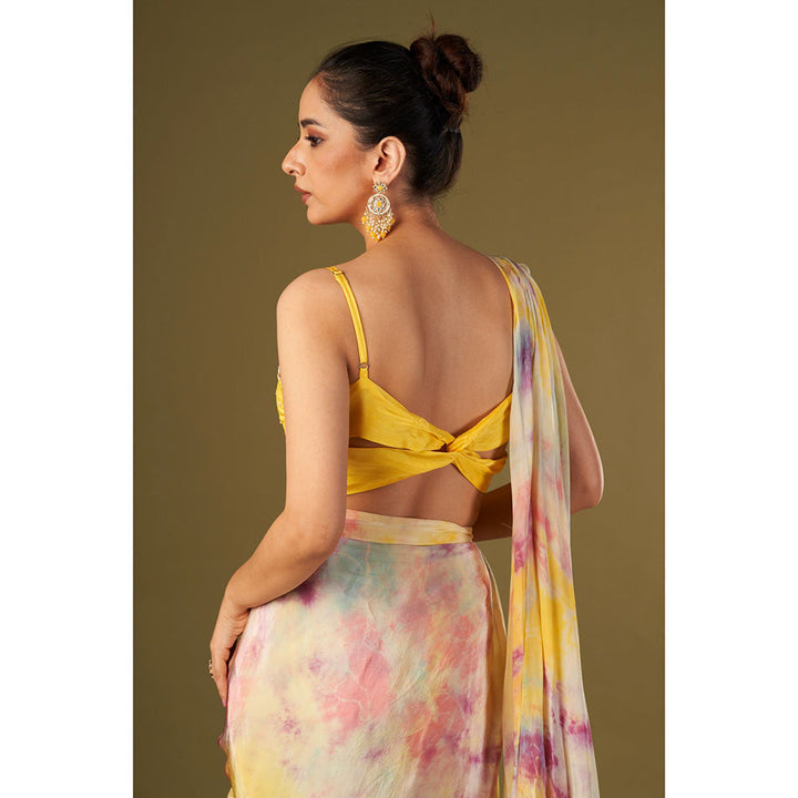 AFFROZ Yellow Tie & Dyed Drape Saree with Bustier with Stitched