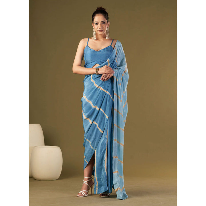 AFFROZ Ocean Blue Tie & Dye Pre Drape Saree Aired with Butterfly Stitched Blouse