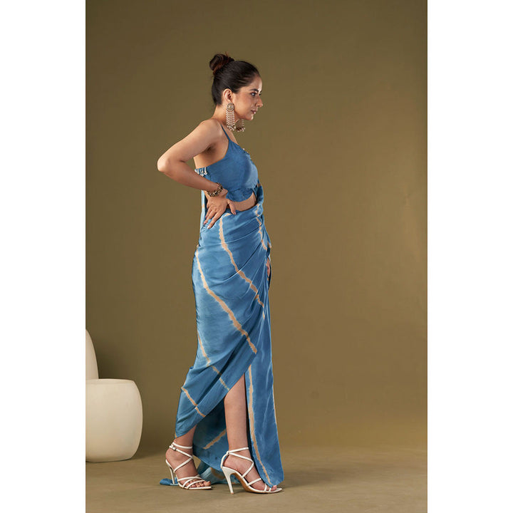 AFFROZ Ocean Blue Tie & Dye Pre Drape Saree Aired with Butterfly Stitched Blouse