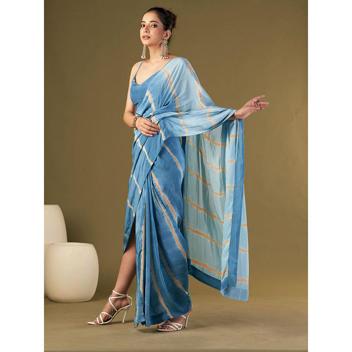 AFFROZ Ocean Blue Tie & Dye Pre Drape Saree Aired with Butterfly Stitched Blouse