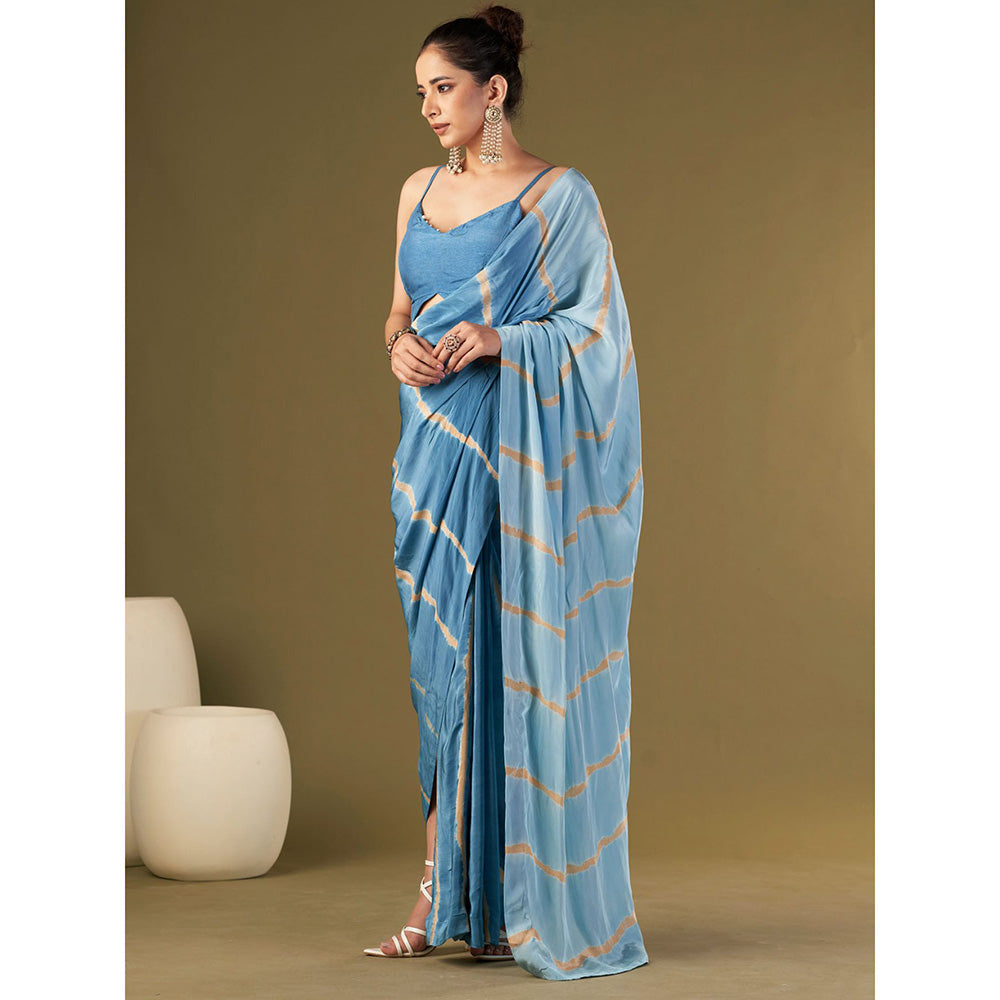 AFFROZ Ocean Blue Tie & Dye Pre Drape Saree Aired with Butterfly Stitched Blouse