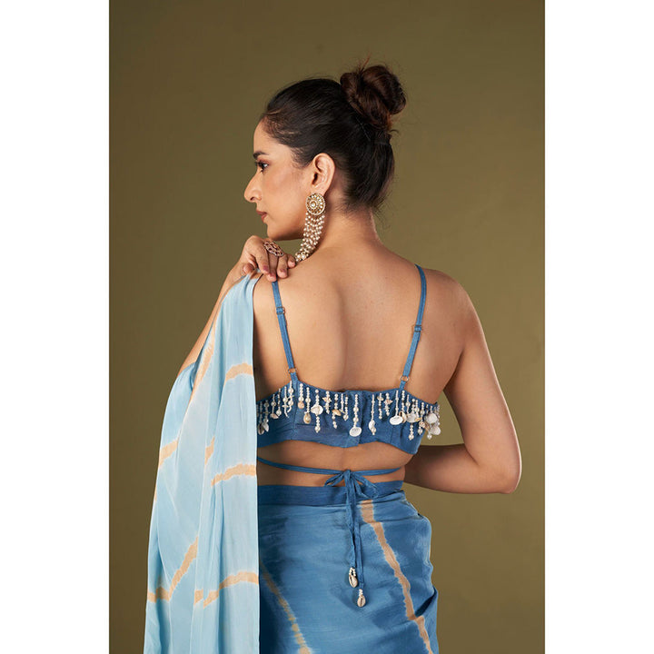 AFFROZ Ocean Blue Tie & Dye Pre Drape Saree Aired with Butterfly Stitched Blouse