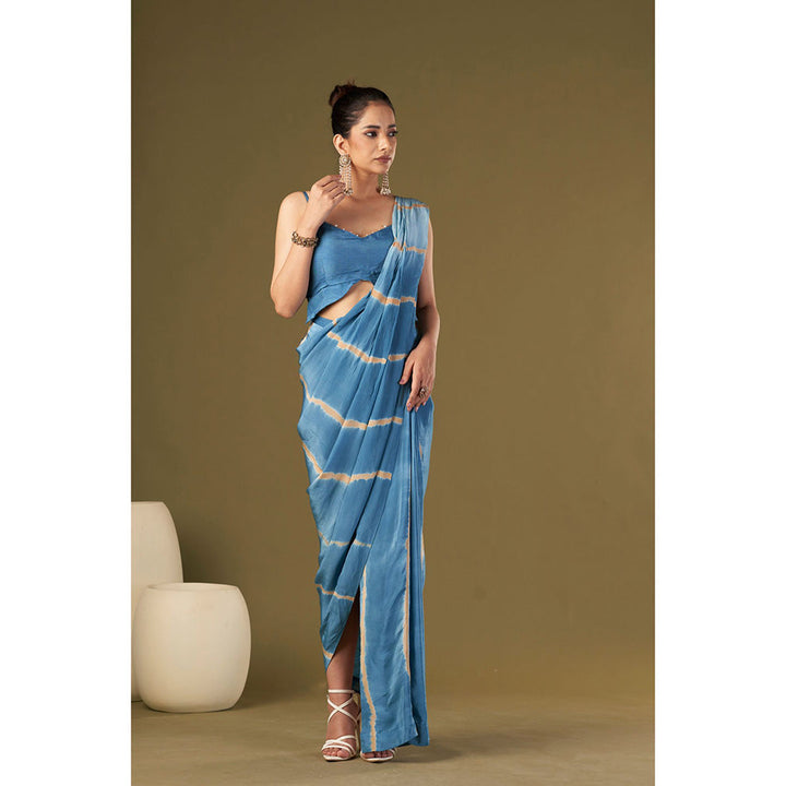 AFFROZ Ocean Blue Tie & Dye Pre Drape Saree Aired with Butterfly Stitched Blouse