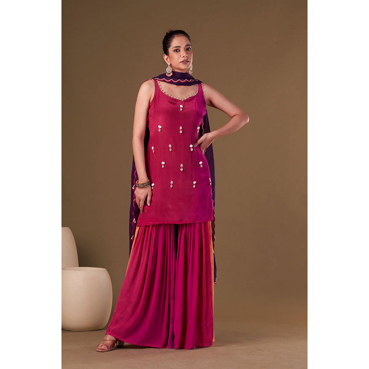 AFFROZ Crimson Ombre Kurta Sharara with Dupatta (Set of 3)