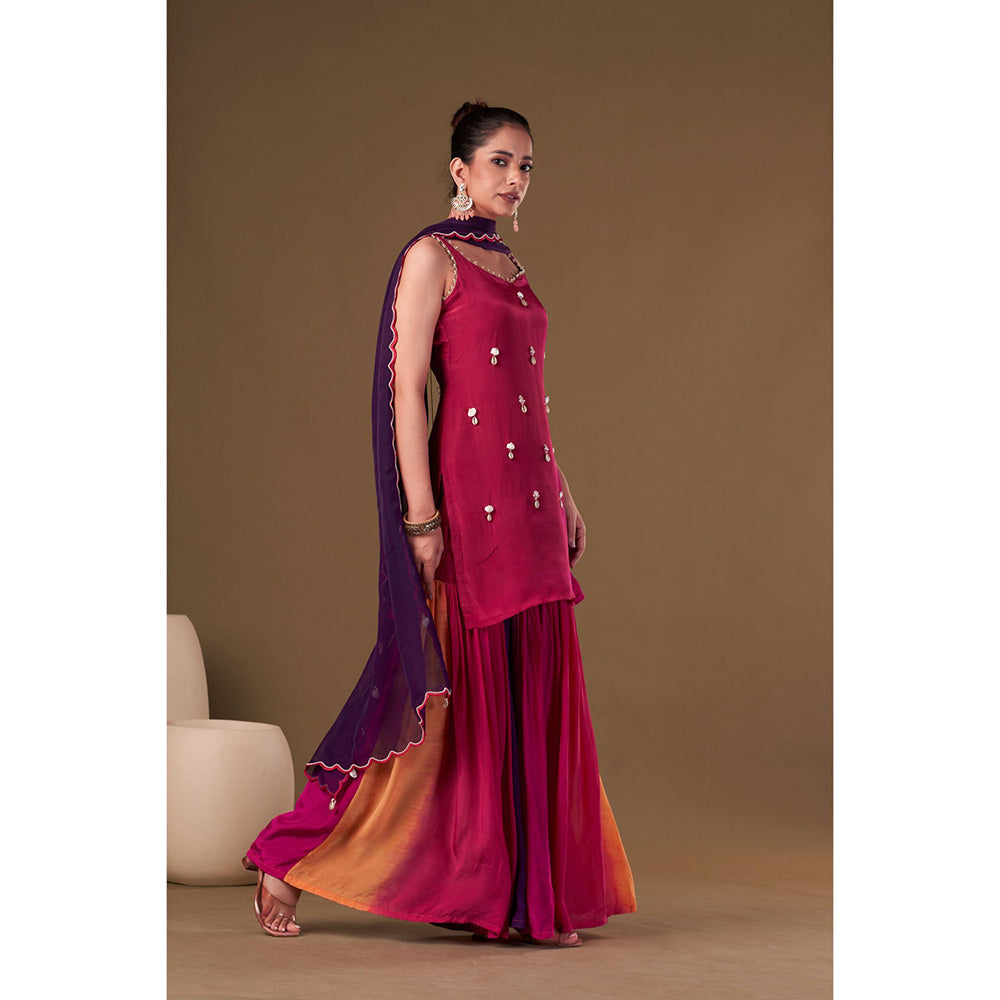 AFFROZ Crimson Ombre Kurta Sharara with Dupatta (Set of 3)