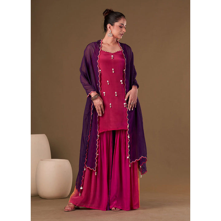 AFFROZ Crimson Ombre Kurta Sharara with Dupatta (Set of 3)