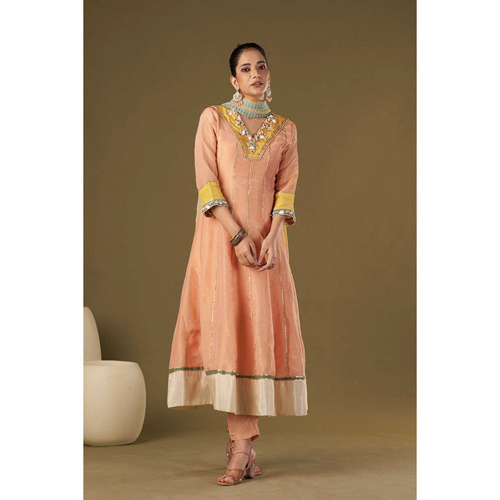 AFFROZ Peach Tissue Silk Anarkali Kurta Pant with Dupatta (Set of 3)