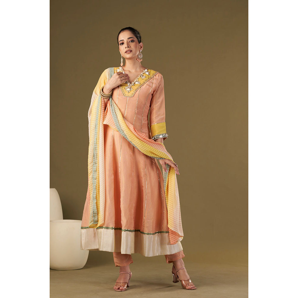 AFFROZ Peach Tissue Silk Anarkali Kurta Pant with Dupatta (Set of 3)