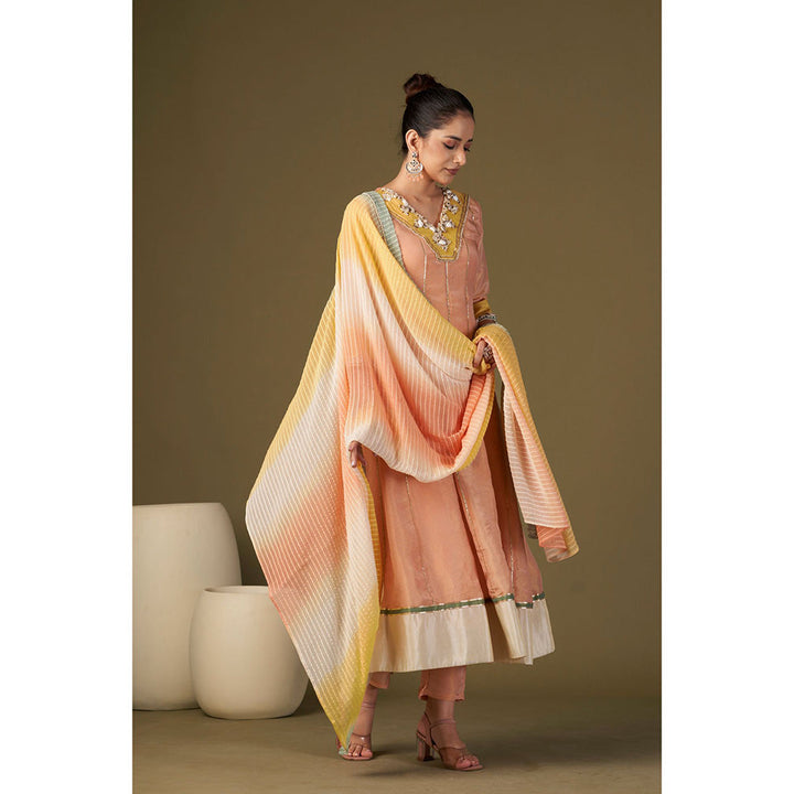 AFFROZ Peach Tissue Silk Anarkali Kurta Pant with Dupatta (Set of 3)