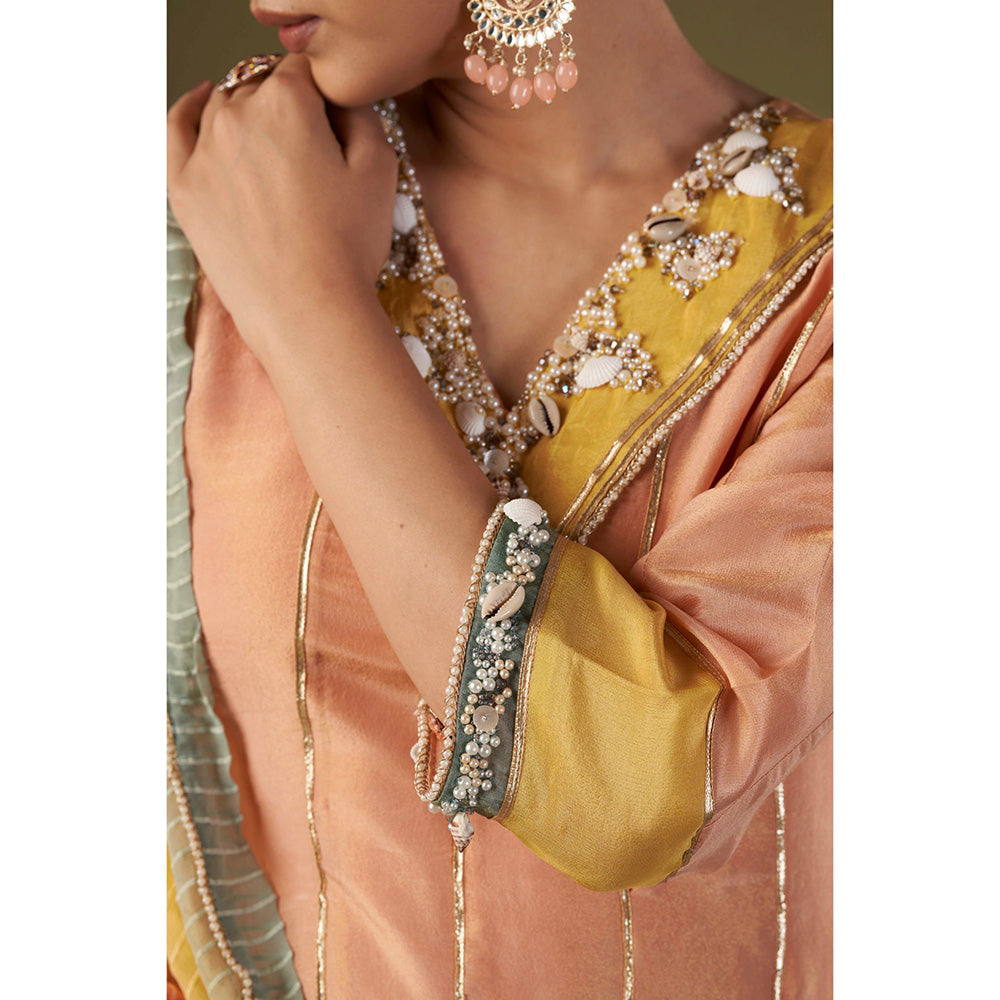 AFFROZ Peach Tissue Silk Anarkali Kurta Pant with Dupatta (Set of 3)