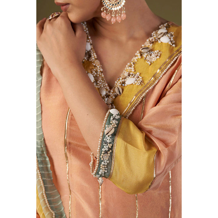 AFFROZ Peach Tissue Silk Anarkali Kurta Pant with Dupatta (Set of 3)