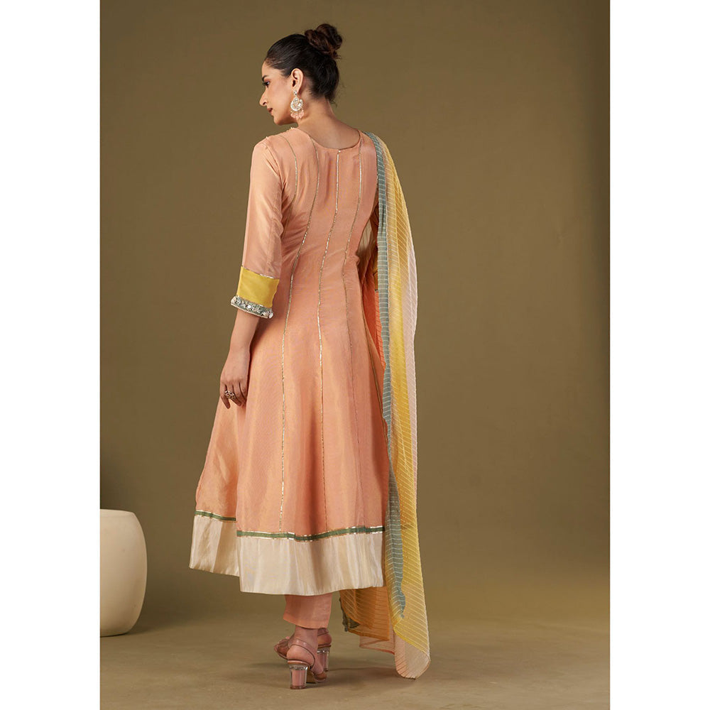 AFFROZ Peach Tissue Silk Anarkali Kurta Pant with Dupatta (Set of 3)