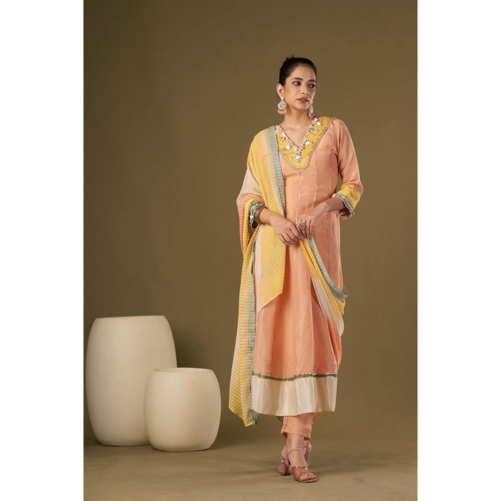 AFFROZ Peach Tissue Silk Anarkali Kurta Pant with Dupatta (Set of 3)