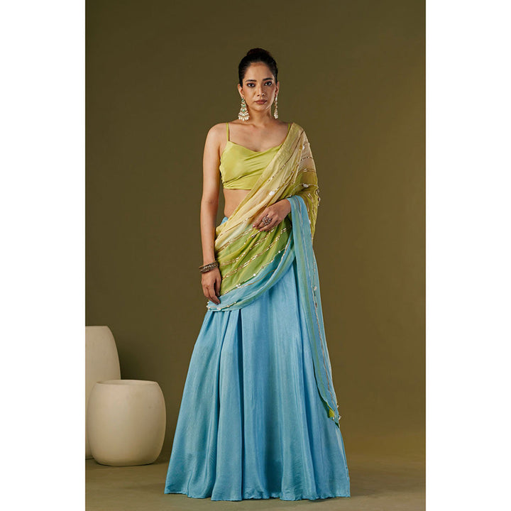 AFFROZ Sky Blue Lehenga Saree with Cowl Neck Stitched Blouse