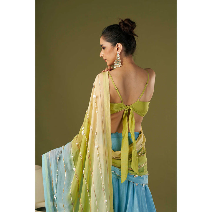 AFFROZ Sky Blue Lehenga Saree with Cowl Neck Stitched Blouse