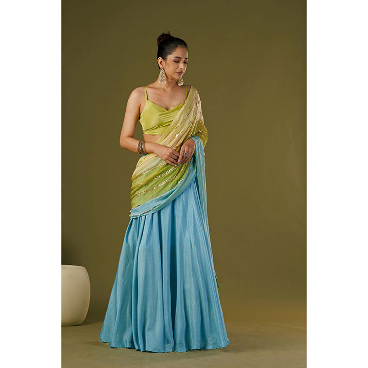 AFFROZ Sky Blue Lehenga Saree with Cowl Neck Stitched Blouse