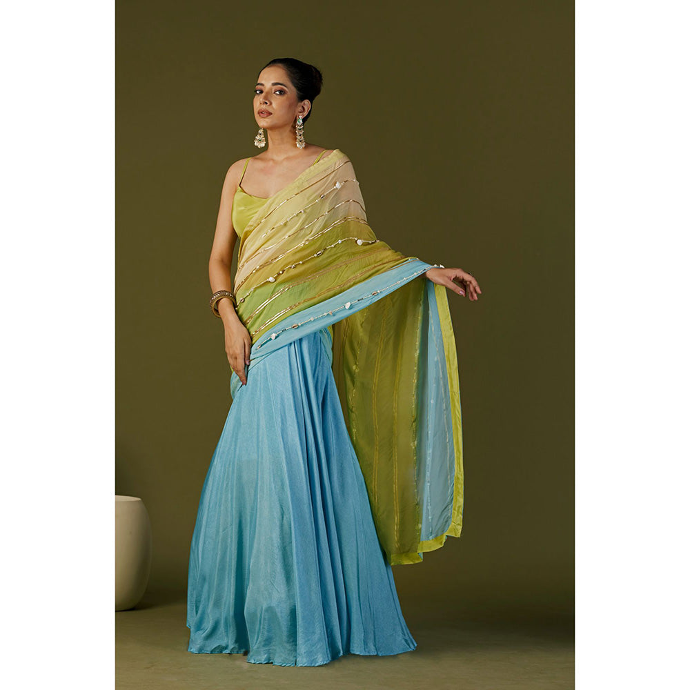 AFFROZ Sky Blue Lehenga Saree with Cowl Neck Stitched Blouse