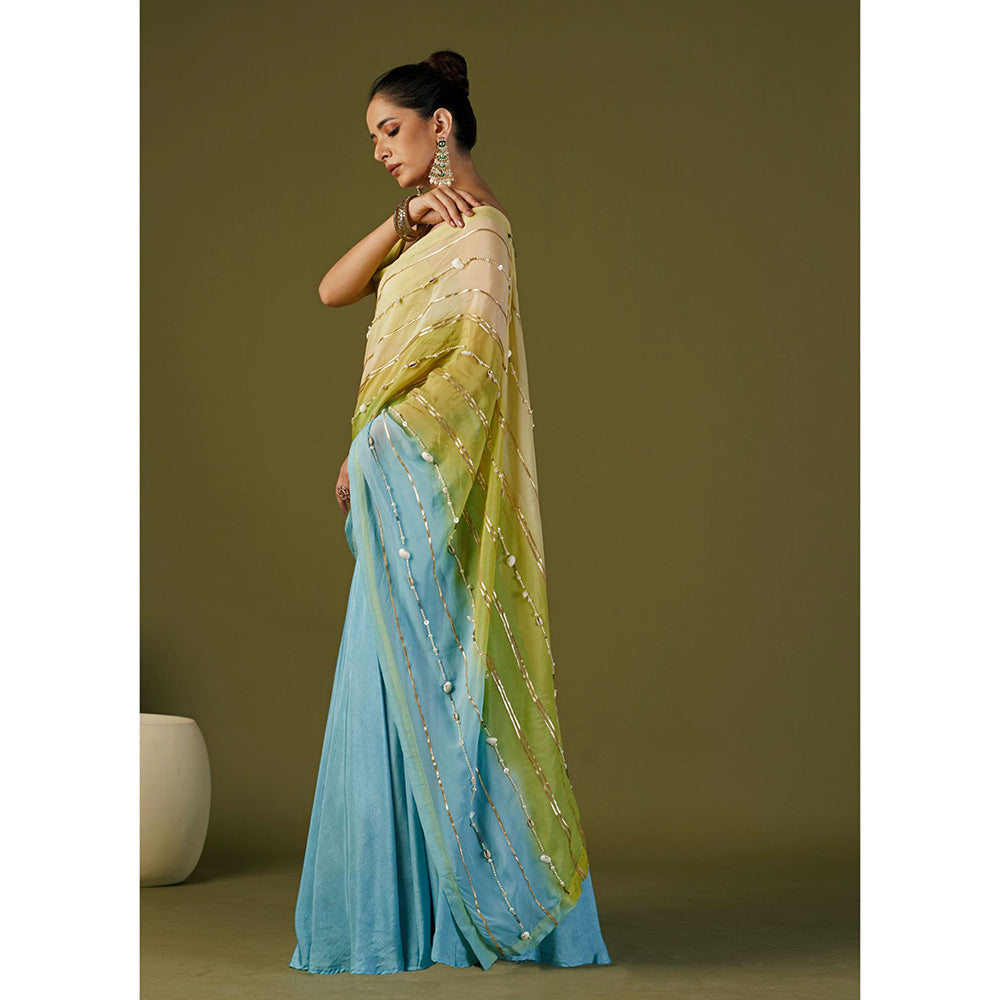 AFFROZ Sky Blue Lehenga Saree with Cowl Neck Stitched Blouse