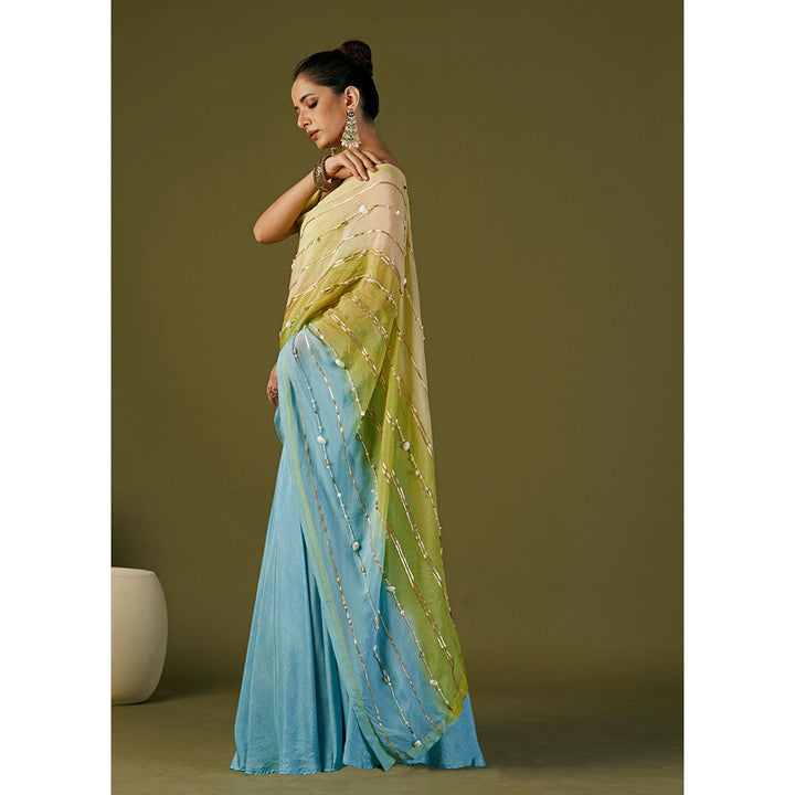 AFFROZ Sky Blue Lehenga Saree with Cowl Neck Stitched Blouse