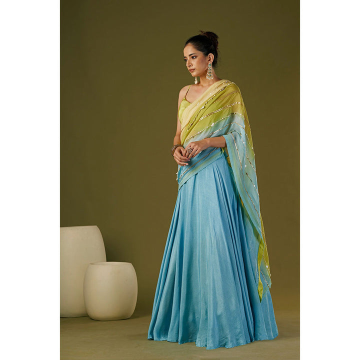 AFFROZ Sky Blue Lehenga Saree with Cowl Neck Stitched Blouse