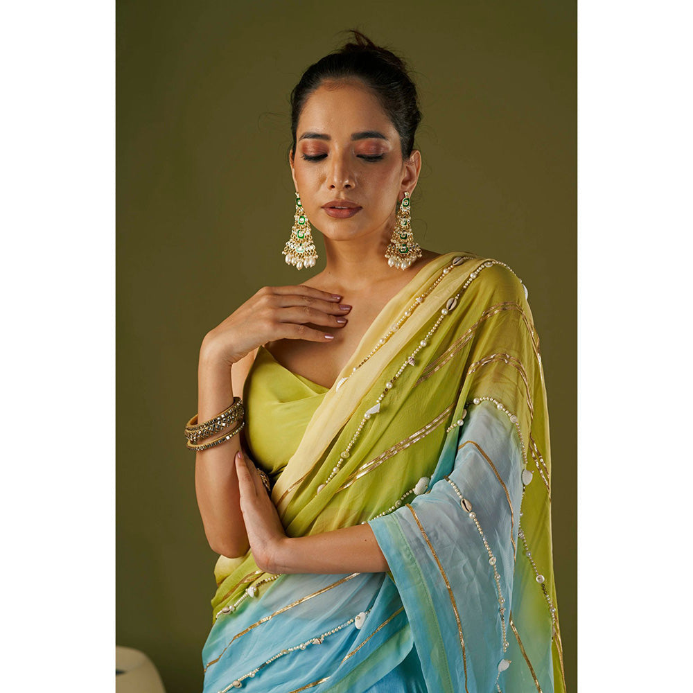 AFFROZ Sky Blue Lehenga Saree with Cowl Neck Stitched Blouse