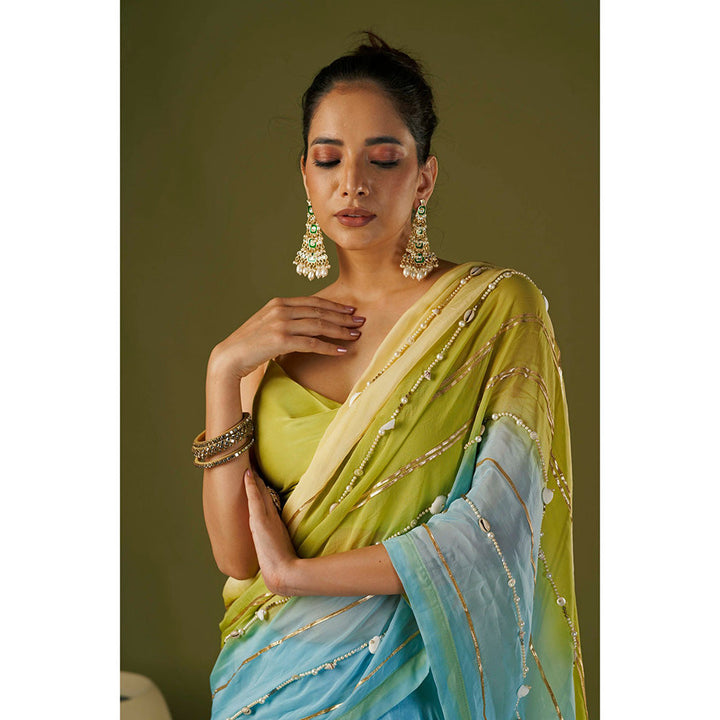 AFFROZ Sky Blue Lehenga Saree with Cowl Neck Stitched Blouse